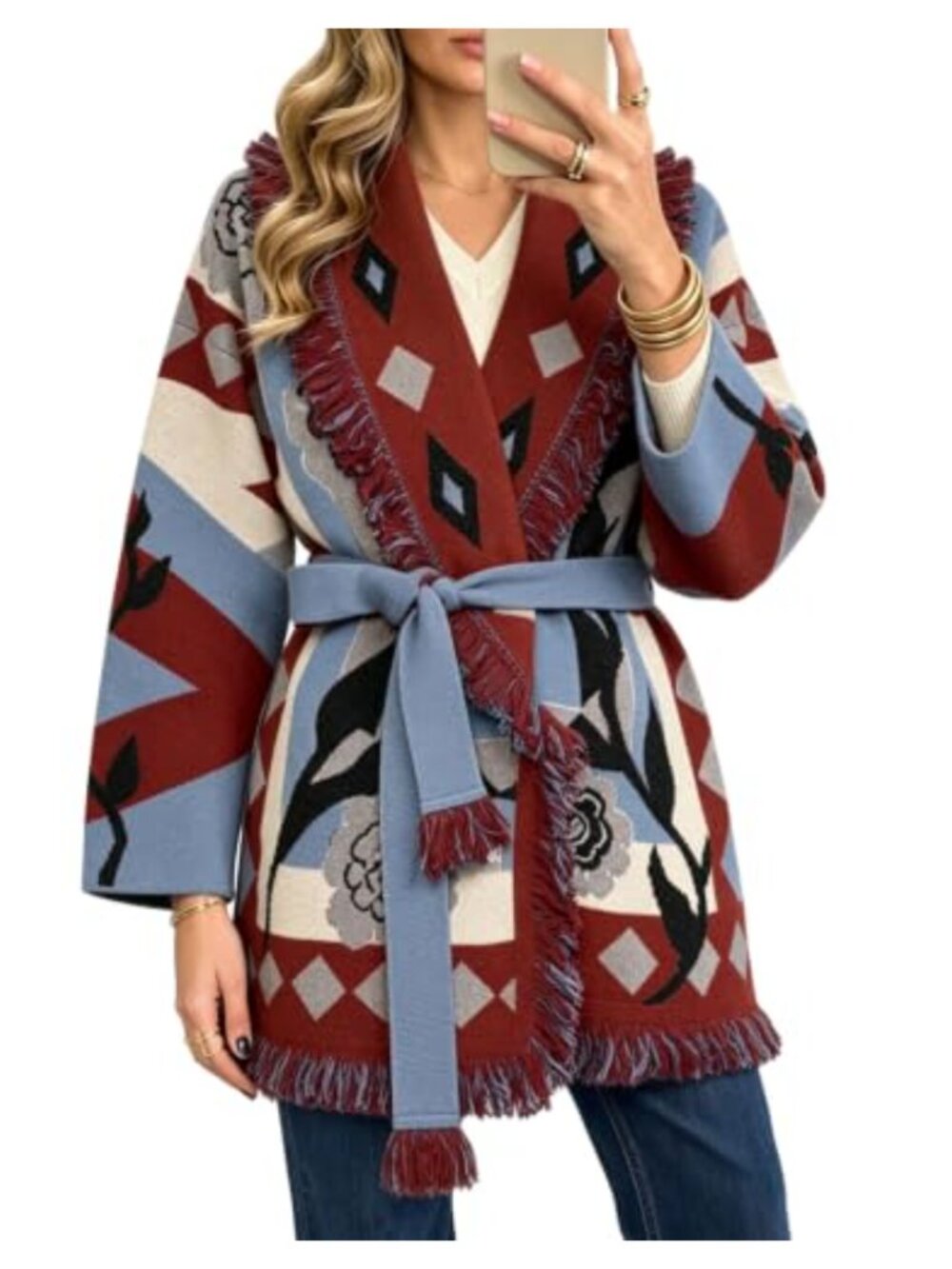 Boho Floral Belted Open Front Cardigan Fringe Trim Midi Coatigan